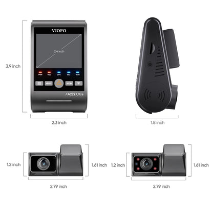 VIOFO A229 Ultra technical dimensions diagram for main unit and camera modules