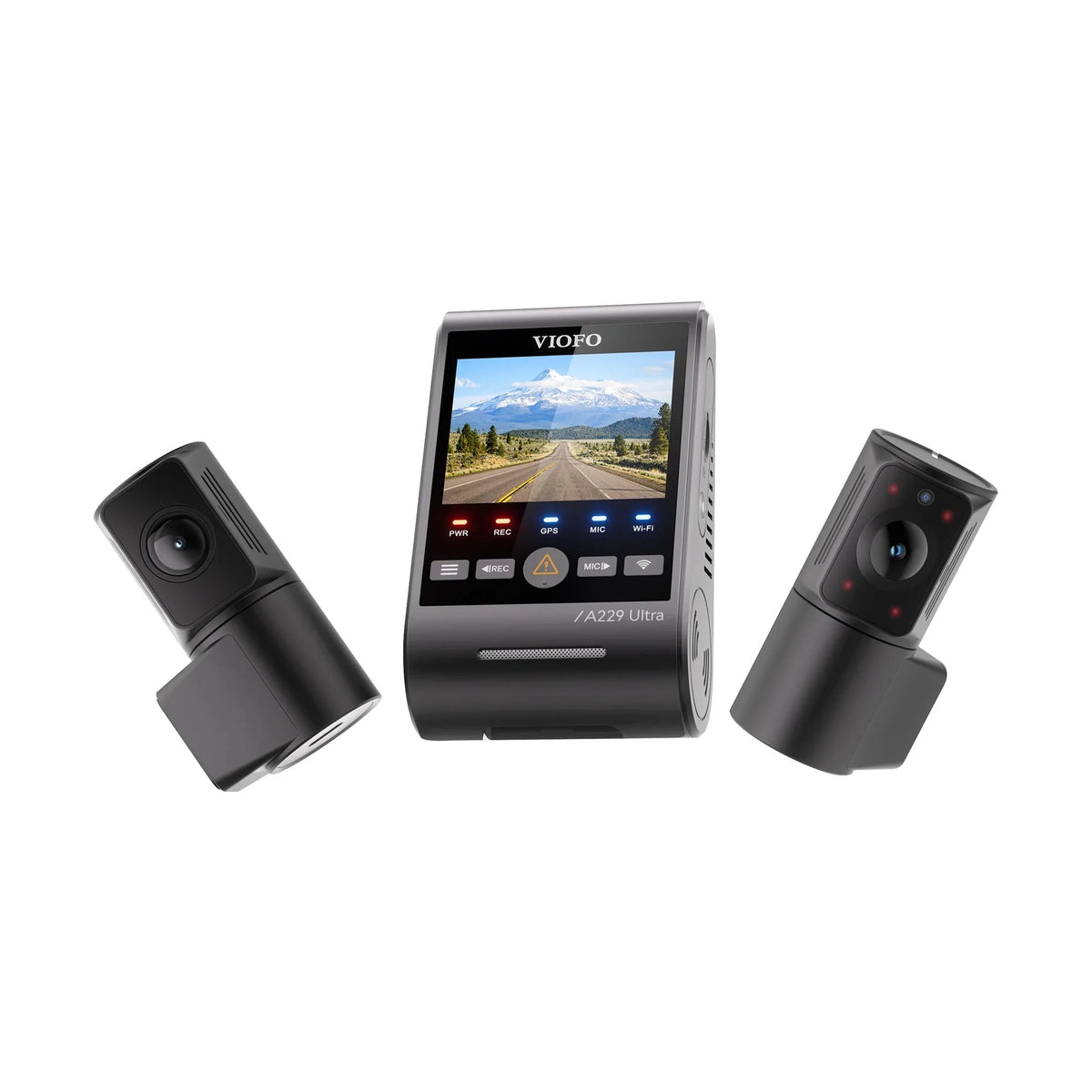VIOFO A229 Ultra 3-CH dash cam set with low profile front and cylindrical rear lens