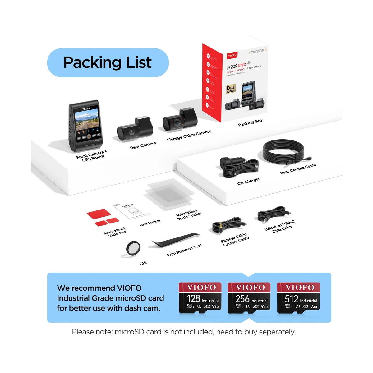 VIOFO A229 Ultra complete packing list including GPS mount CPL and tools