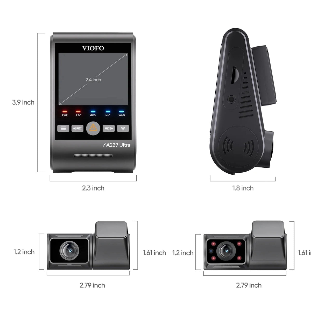 VIOFO A229 Ultra technical dimensions diagram for main unit and camera modules
