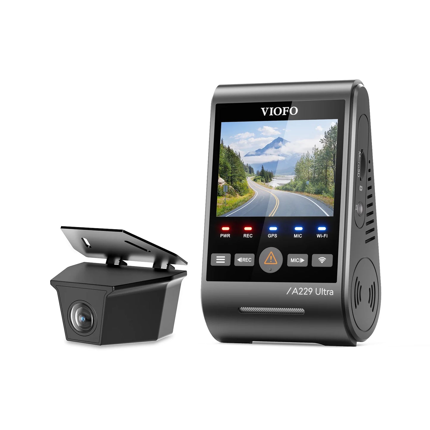 VIOFO A229 Ultra W dual channel 4K dash cam with illuminated status LEDs and control buttons