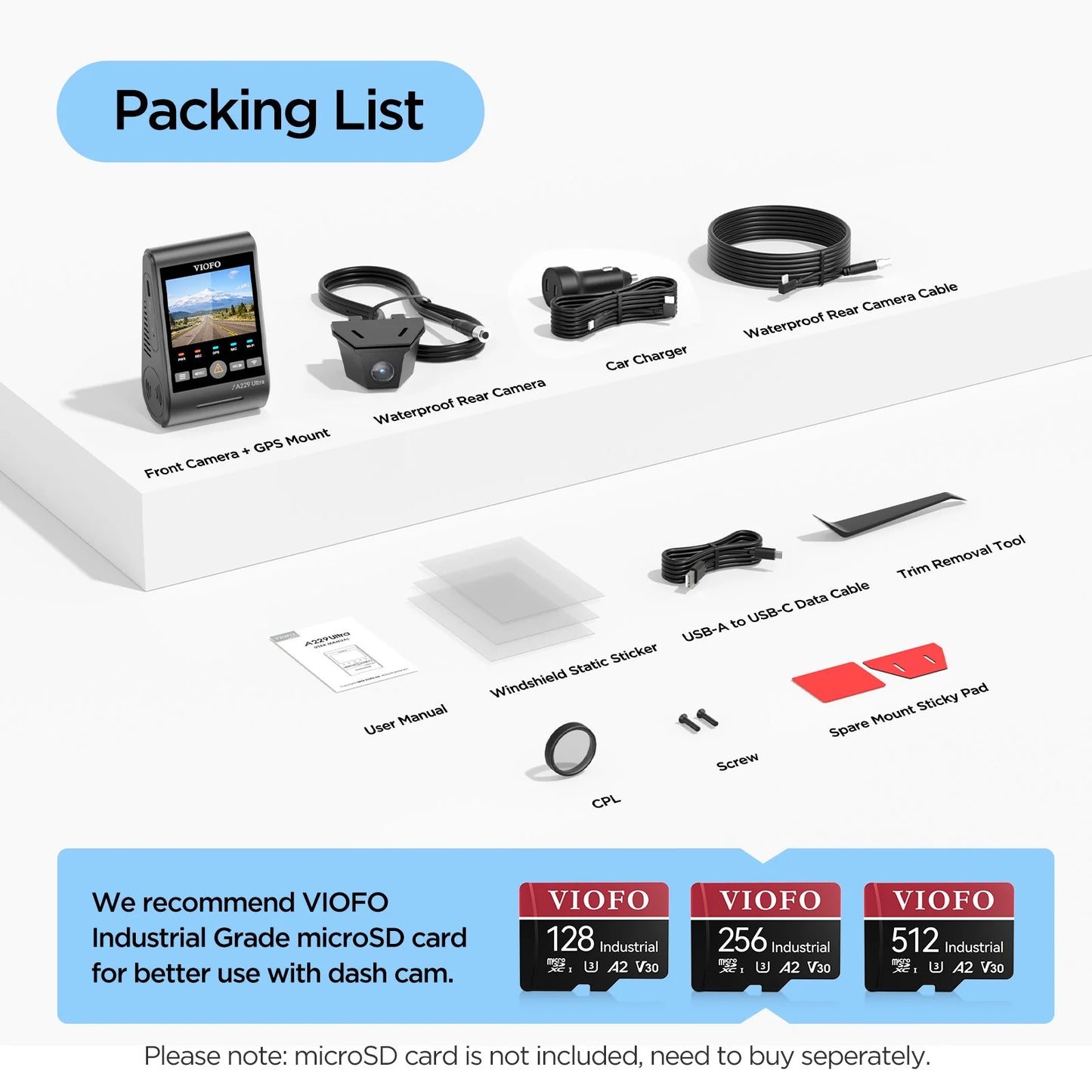 VIOFO A229 Ultra W dash cam kit contents including waterproof rear camera and microSD cards