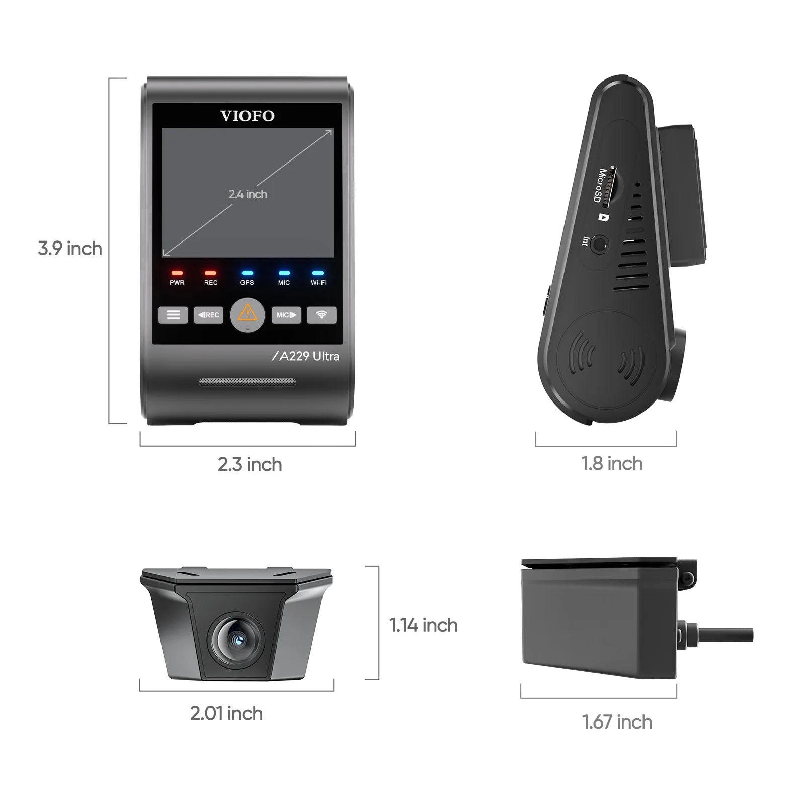 VIOFO A229 Ultra W dash cam technical dimensions diagram showing front and rear camera sizes
