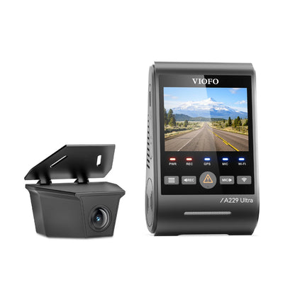 VIOFO A229 Ultra W dual 4K dash cam front and rear units with glossy and matte black finish