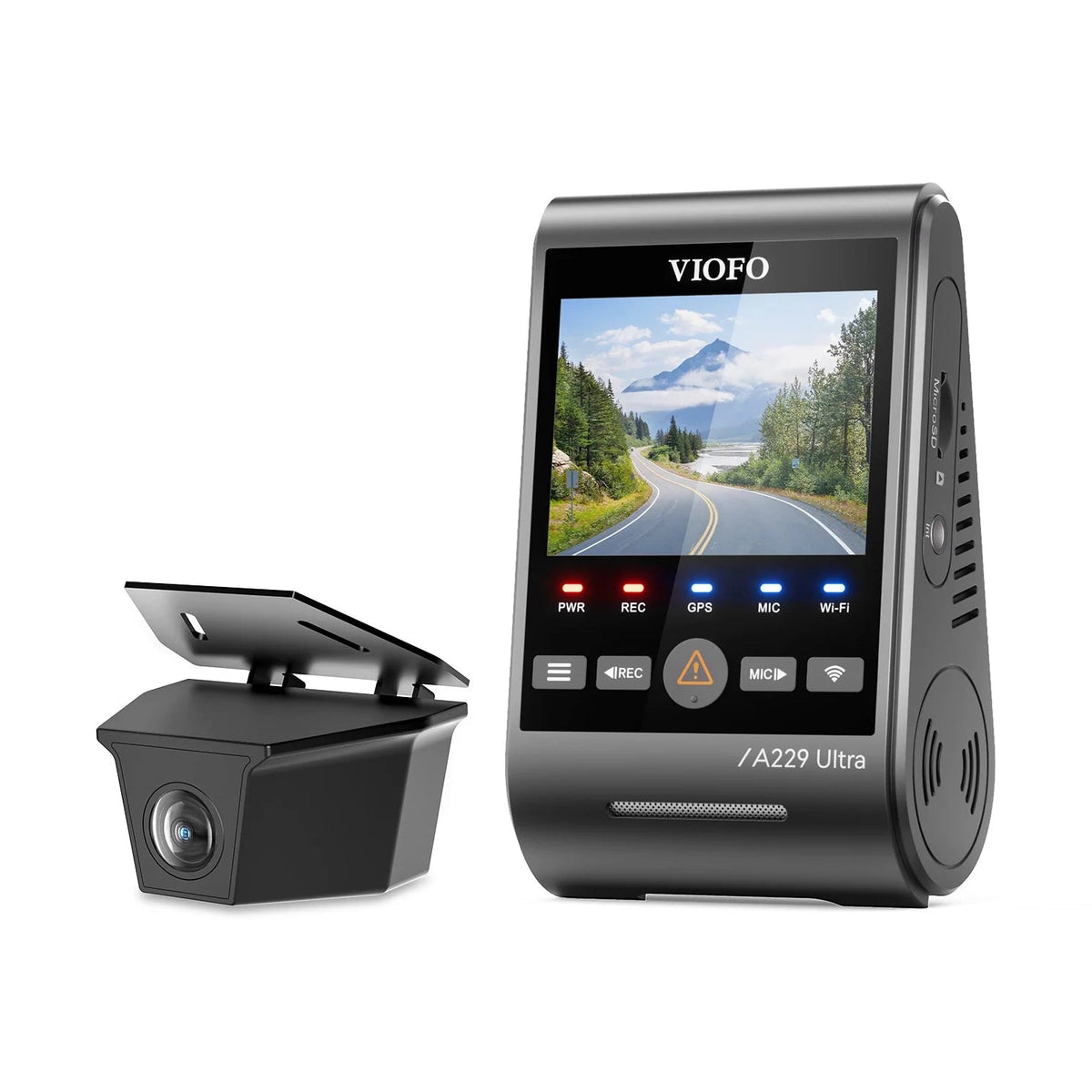 VIOFO A229 Ultra W dual channel 4K dash cam with illuminated status LEDs and control buttons