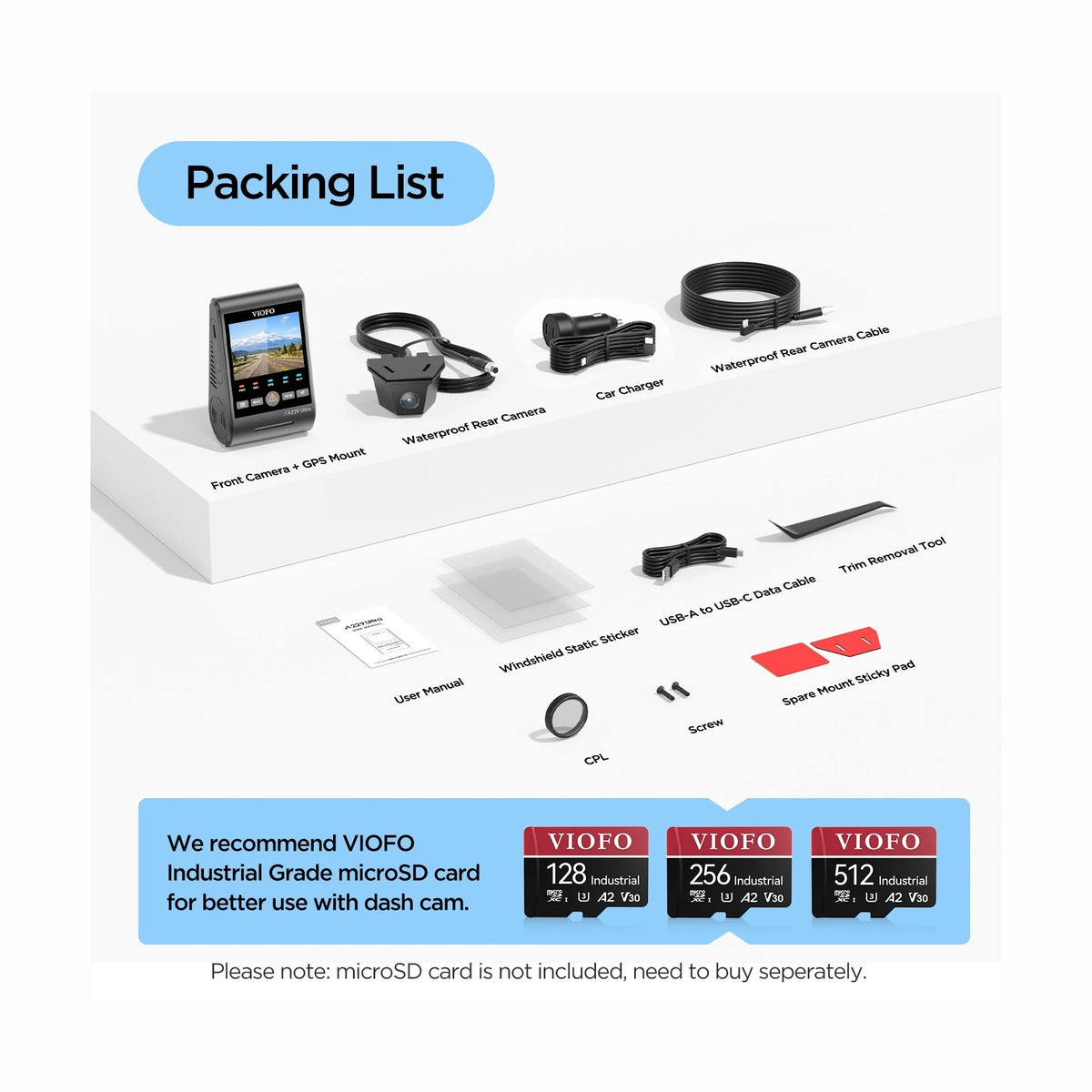 VIOFO A229 Ultra W dash cam kit contents including waterproof rear camera and microSD cards