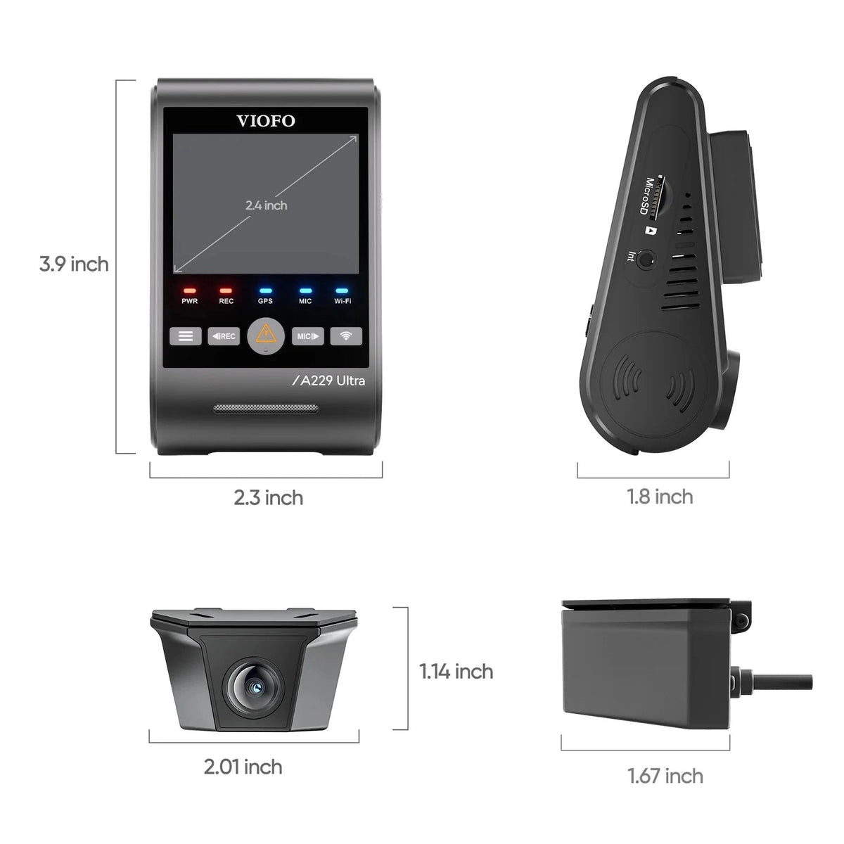 VIOFO A229 Ultra W dash cam technical dimensions diagram showing front and rear camera sizes