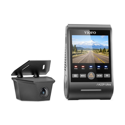 VIOFO A229 Ultra W dual 4K dash cam front and rear units with glossy and matte black finish