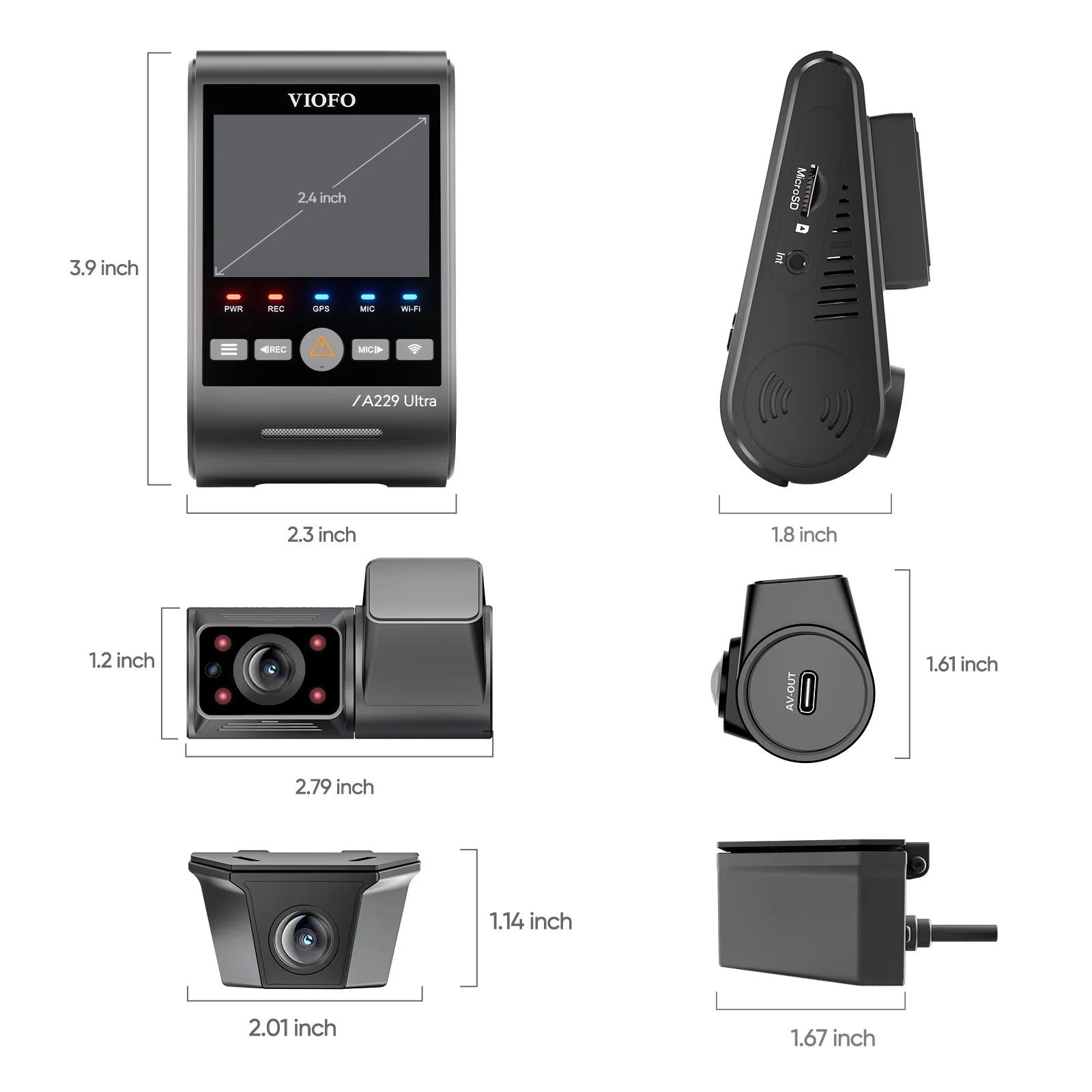 VIOFO A229 Ultra W technical dimensions diagram for front and rear cameras