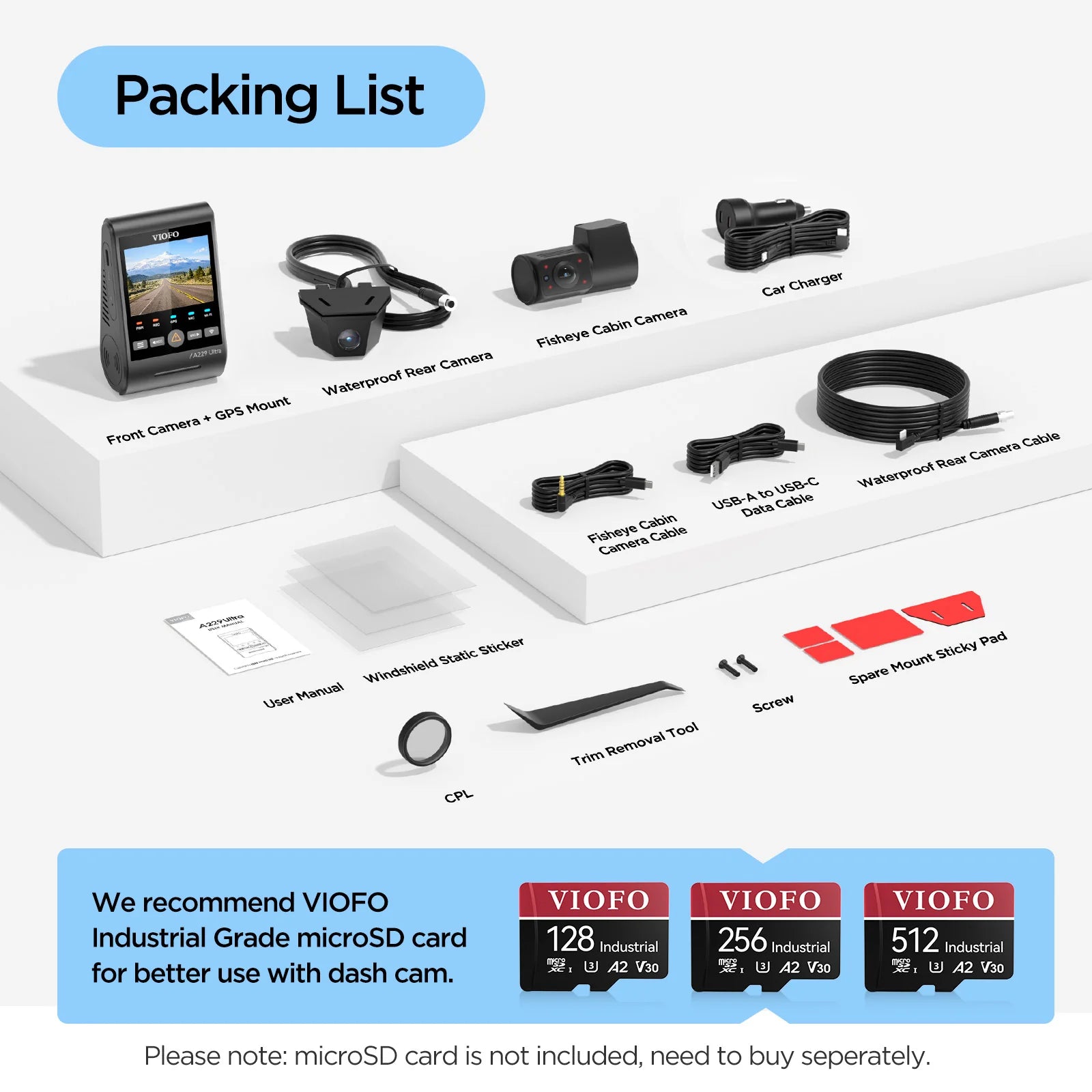 VIOFO A229 Ultra W complete installation kit with waterproof rear camera and accessories