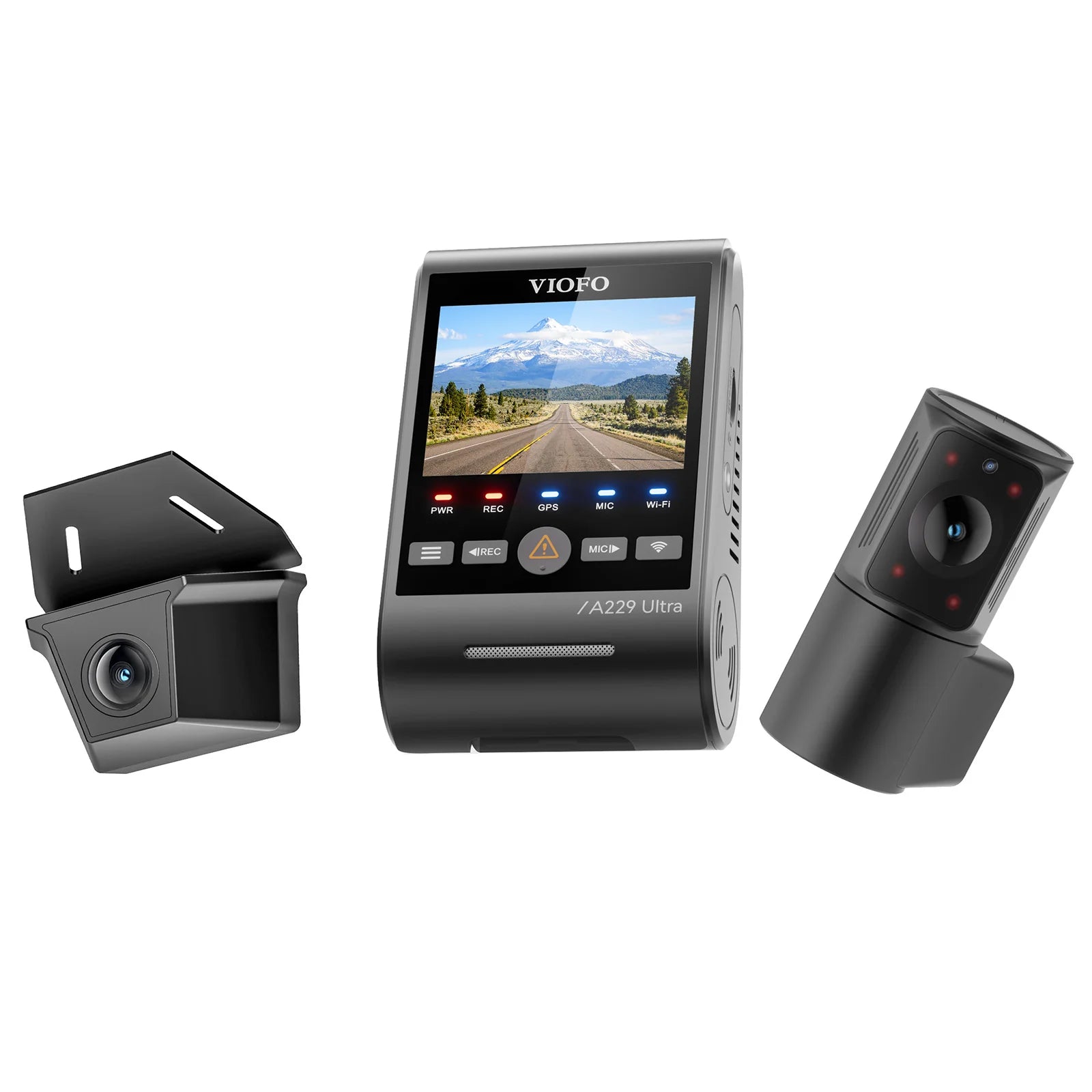 VIOFO A229 Ultra W 3-channel dash cam system showing main unit and cameras