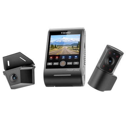 VIOFO A229 Ultra W 3-channel dash cam system showing main unit and cameras