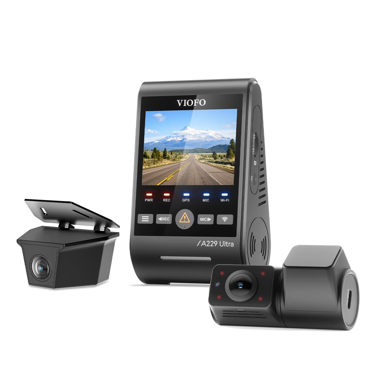 VIOFO A229 Ultra W dash cam system with front, rear, and cabin camera views