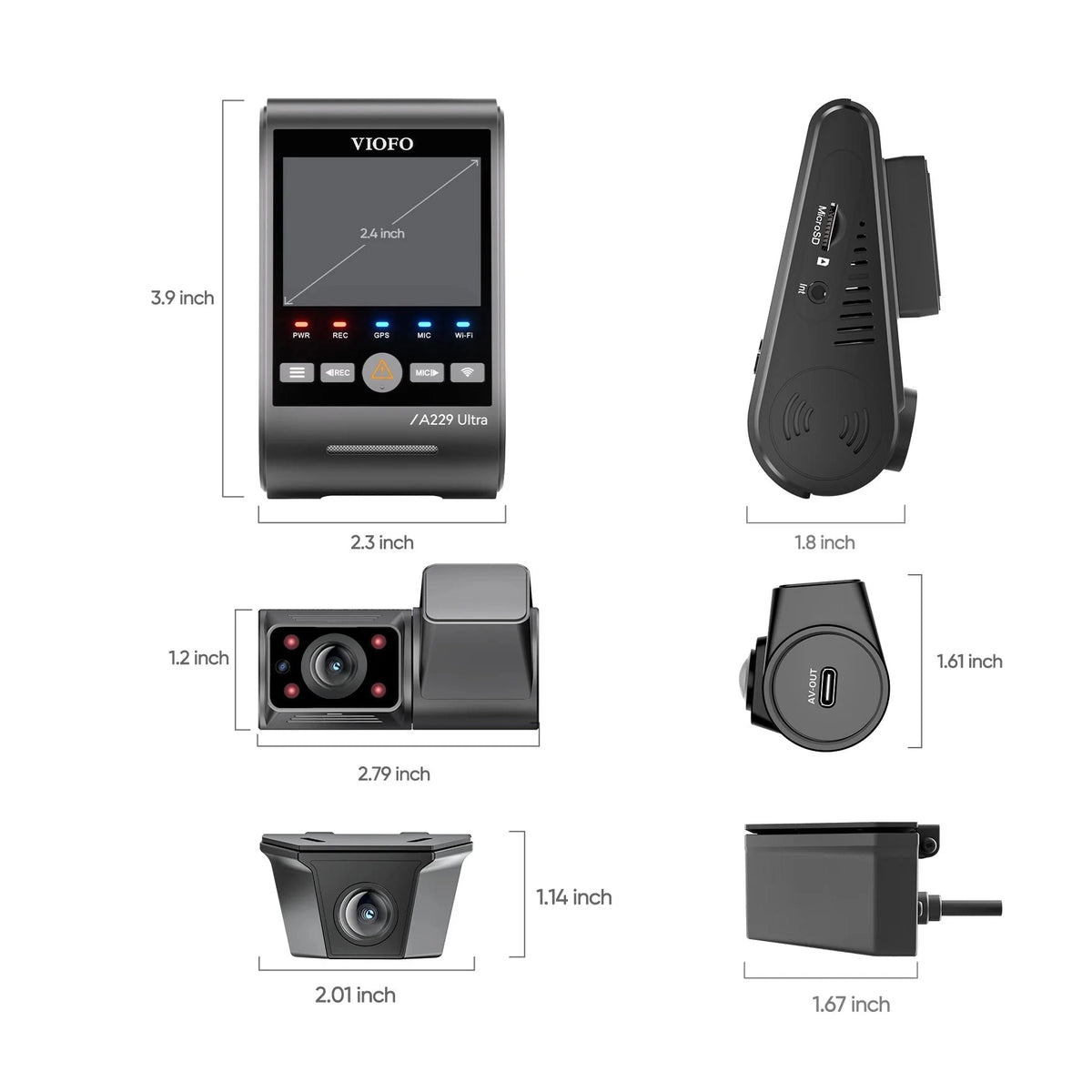 VIOFO A229 Ultra W technical dimensions diagram for front and rear cameras