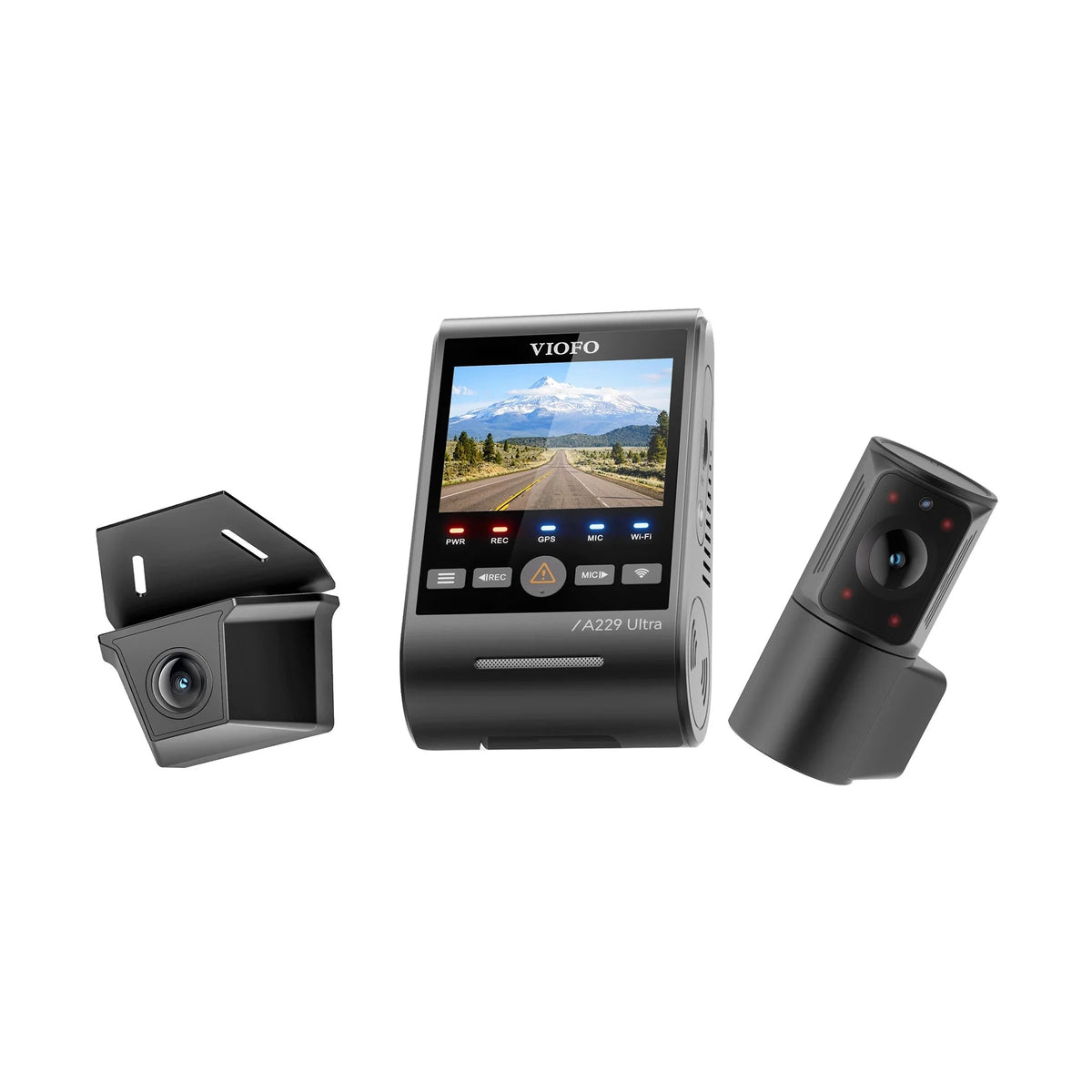 VIOFO A229 Ultra W 3-channel dash cam system showing main unit and cameras