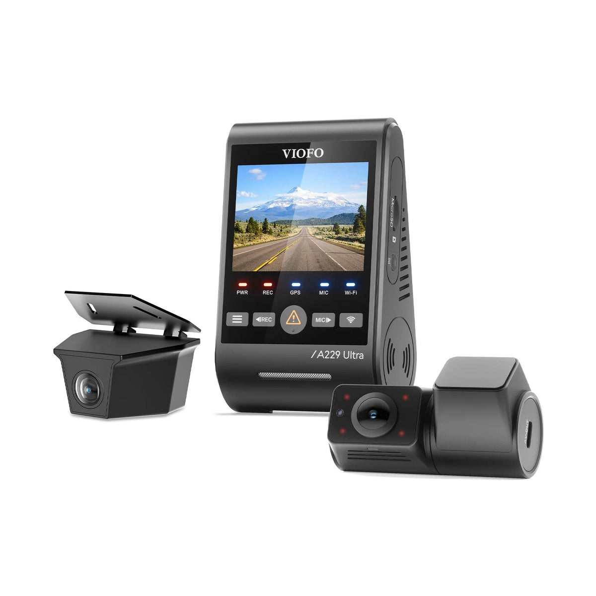 VIOFO A229 Ultra W dash cam system with front, rear, and cabin camera views