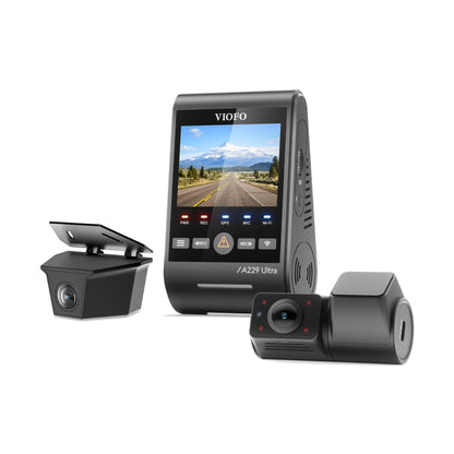 VIOFO A229 Ultra W dash cam system with front, rear, and cabin camera views