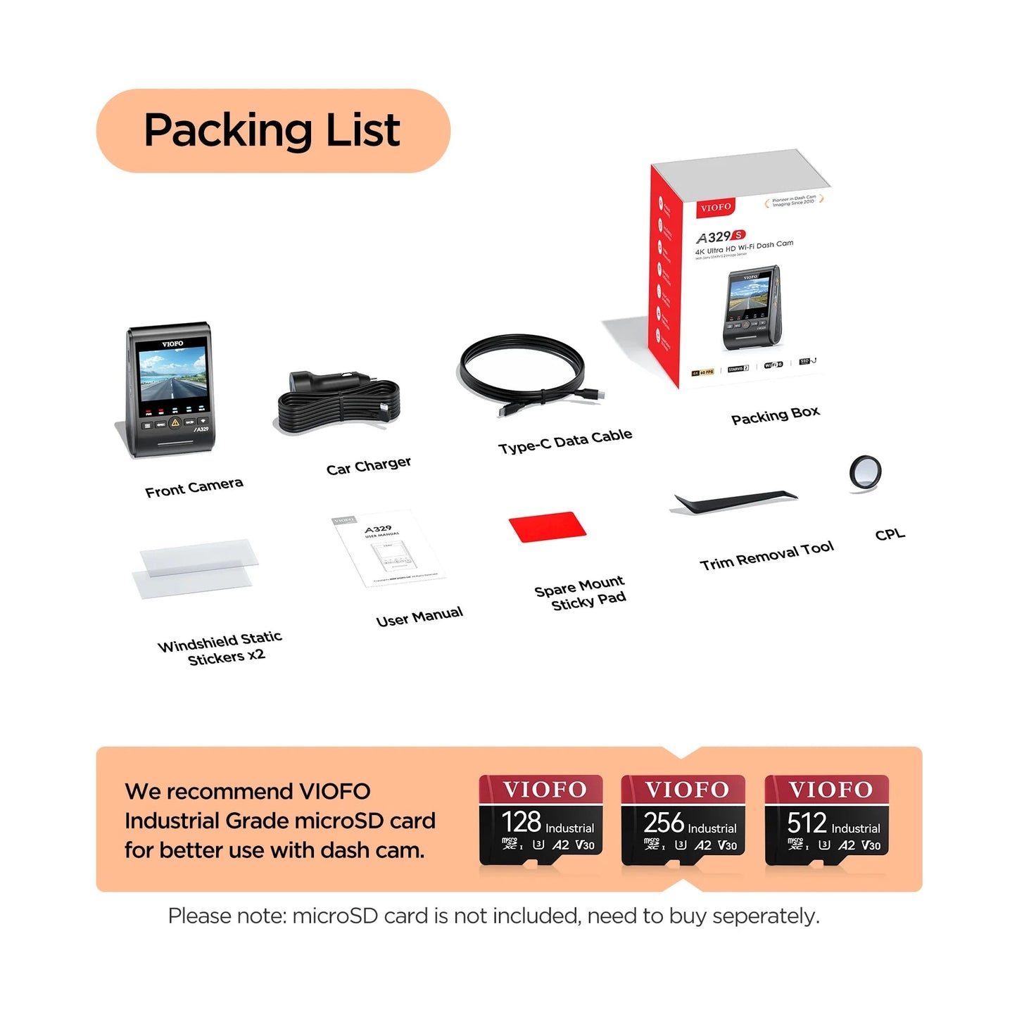 VIOFO A329S retail box contents including car charger cable and CPL filter