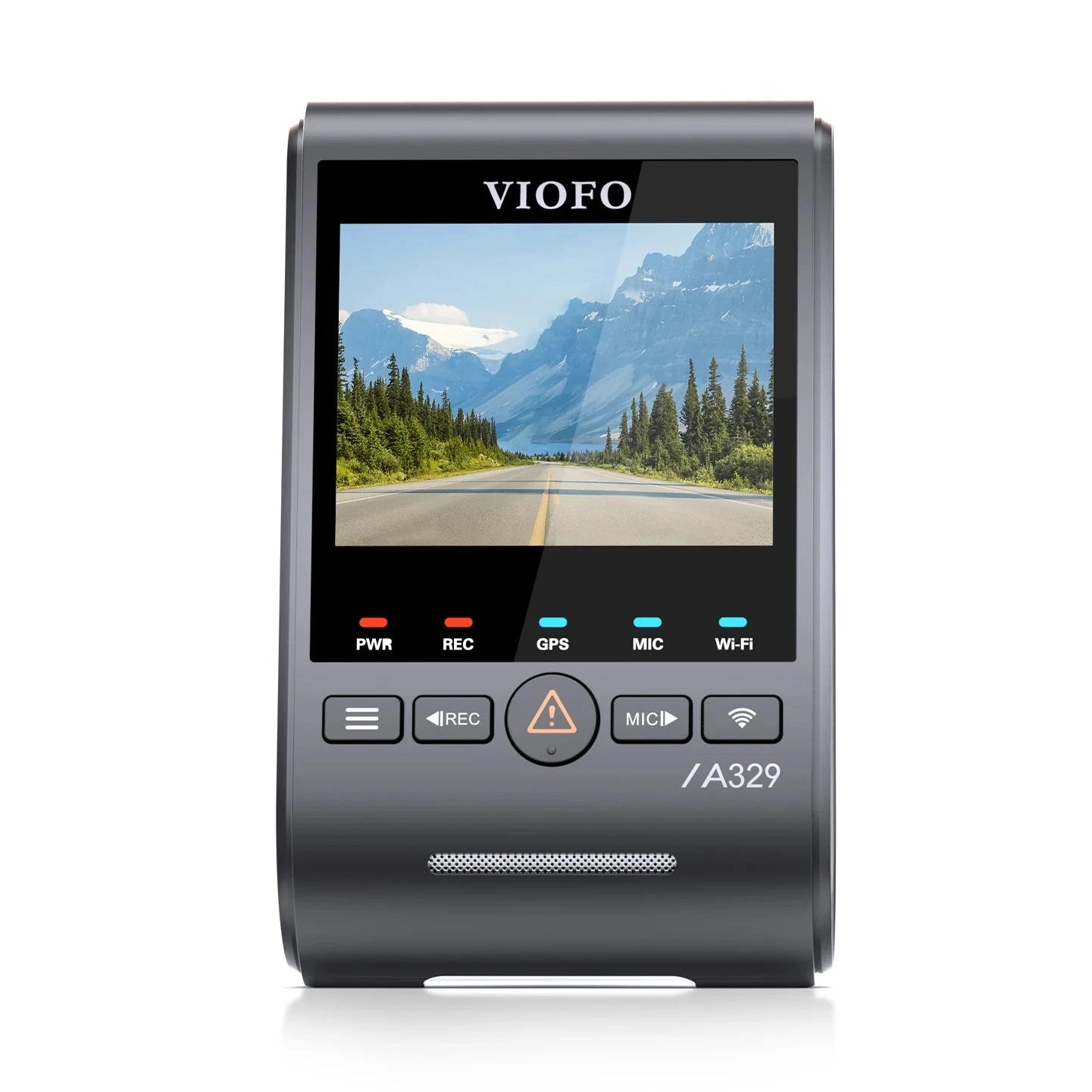 VIOFO A329S black dash cam front shot with status lights and mountain road display