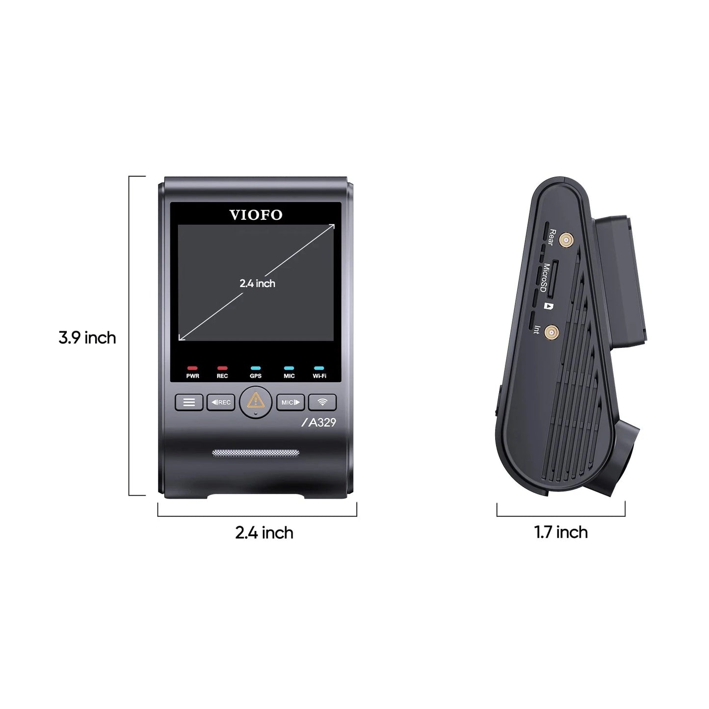 VIOFO A329S dimensions diagram showing 2.4 inch screen size and compact profile