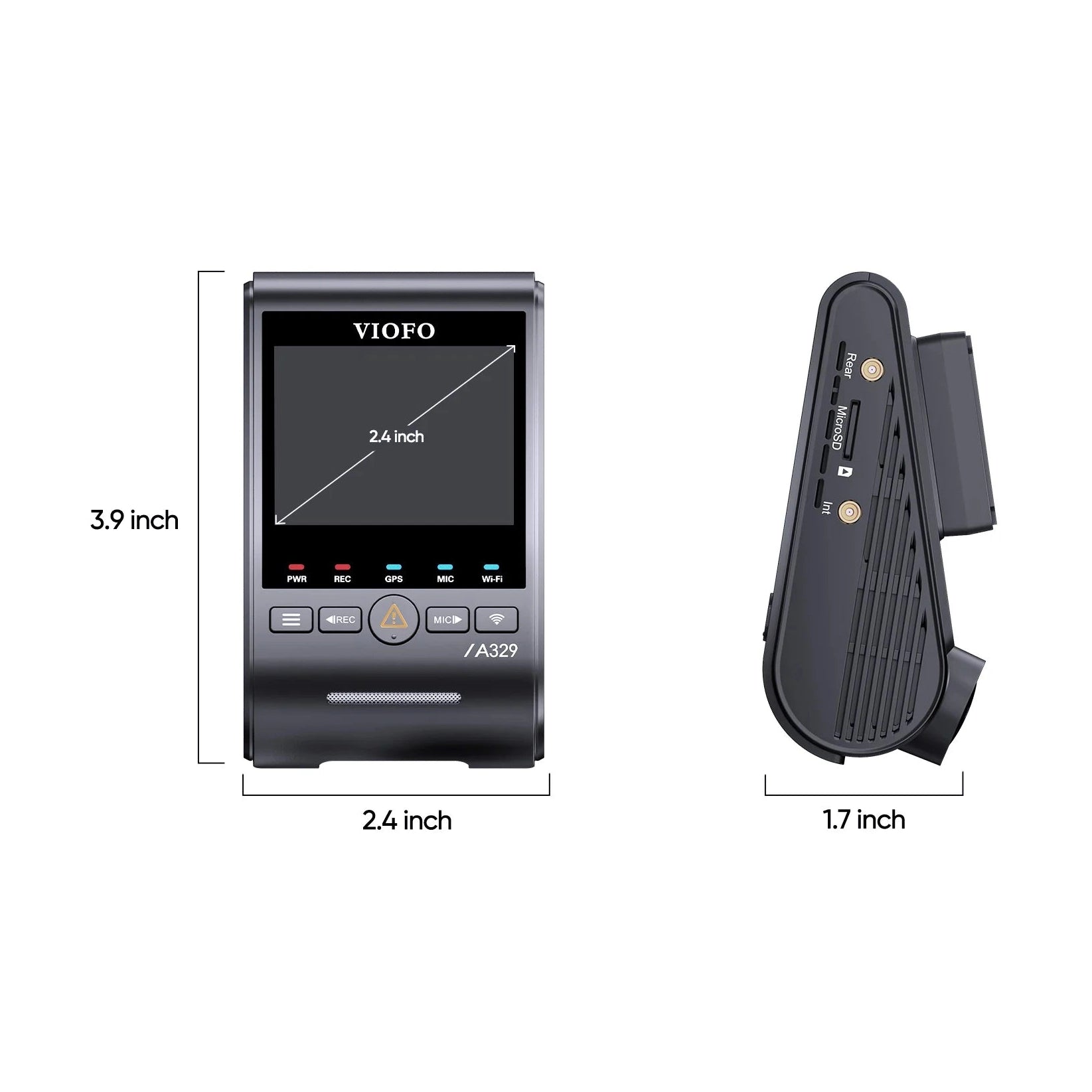 VIOFO A329S dimensions diagram showing 2.4 inch screen size and compact profile