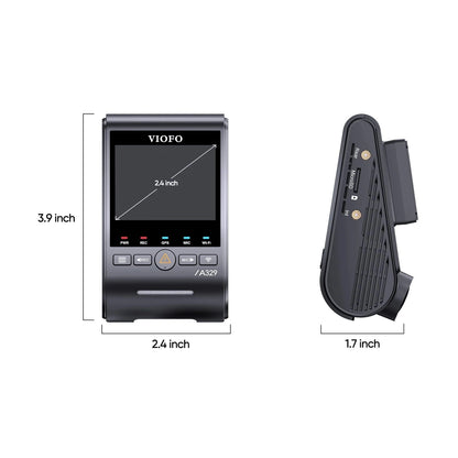 VIOFO A329S dimensions diagram showing 2.4 inch screen size and compact profile
