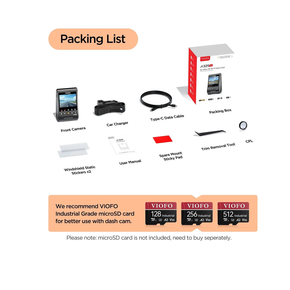 VIOFO A329S retail box contents including car charger cable and CPL filter