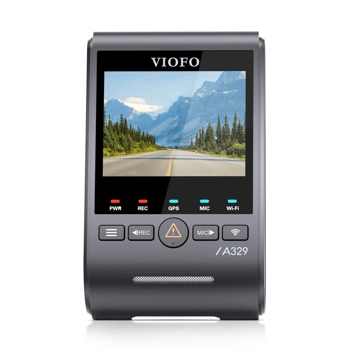 VIOFO A329S black dash cam front shot with status lights and mountain road display