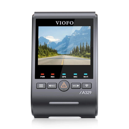 VIOFO A329S black dash cam front shot with status lights and mountain road display