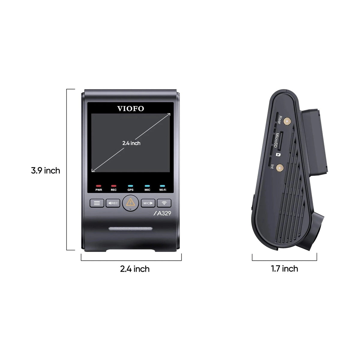 VIOFO A329S dimensions diagram showing 2.4 inch screen size and compact profile