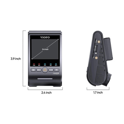 VIOFO A329S dimensions diagram showing 2.4 inch screen size and compact profile