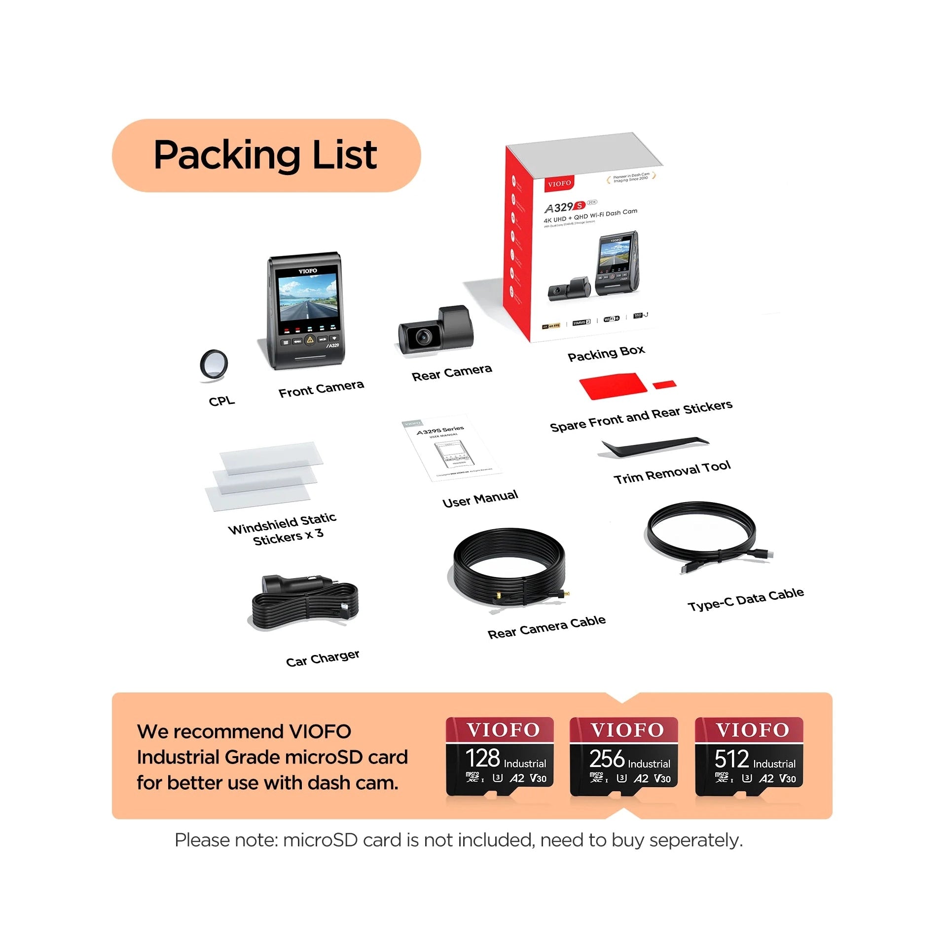 VIOFO A329S 2-CH Front + Rear Dash Cam - 4K 60 fps Wi-Fi 6 Sony STARVIS 2