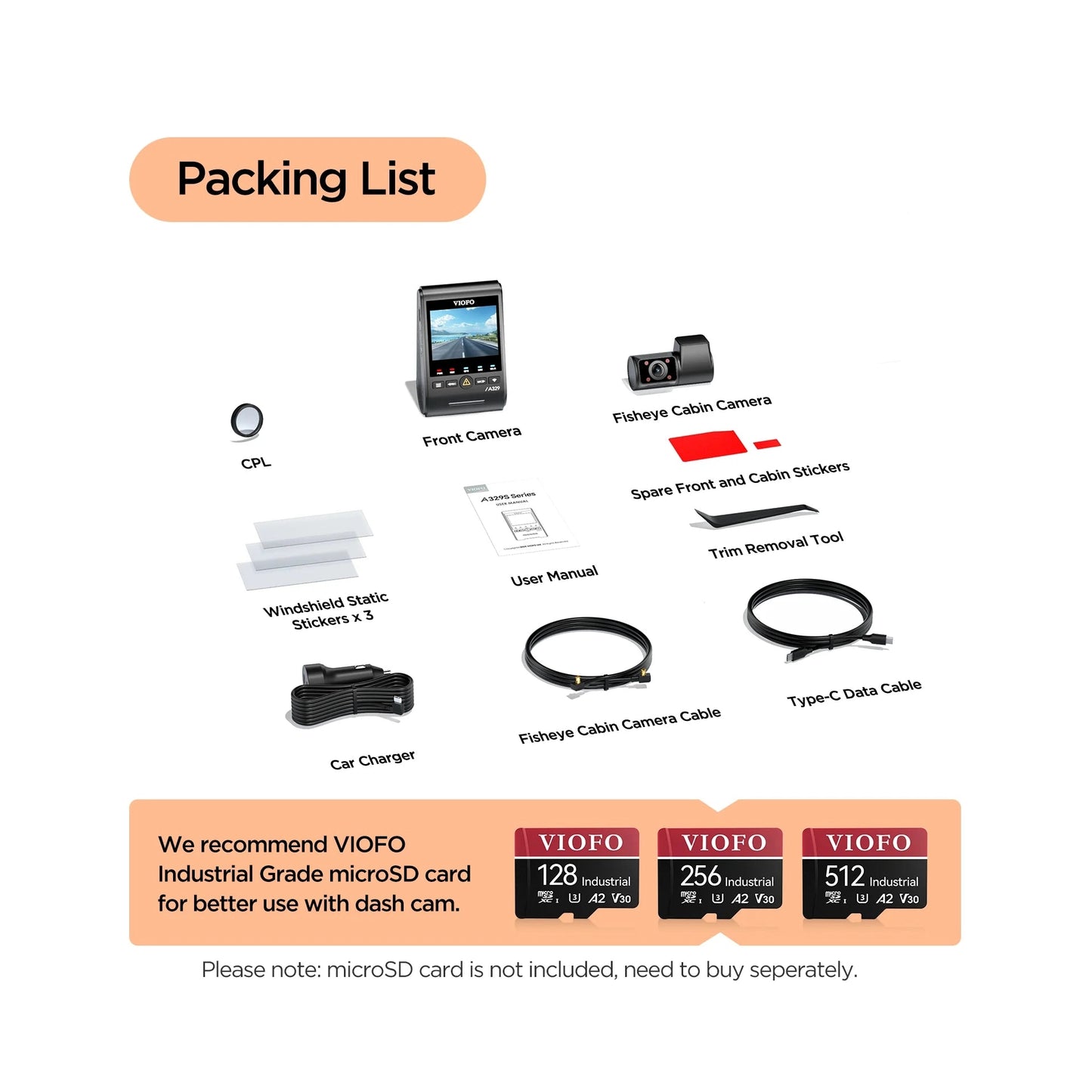 VIOFO A329S dash cam packing list with cables and accessories