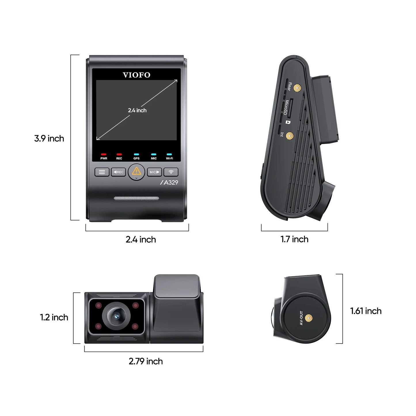 VIOFO A329S dash cam dimensions and rear view with IR LEDs