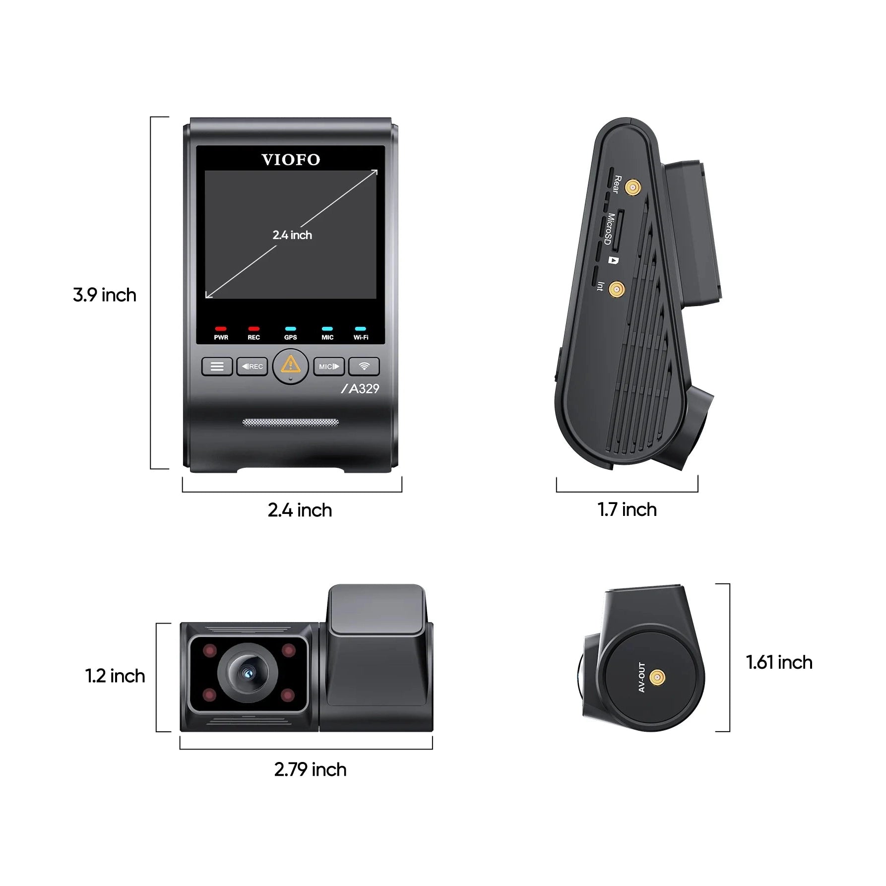VIOFO A329S dash cam dimensions and rear view with IR LEDs