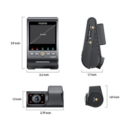 VIOFO A329S dash cam dimensions and rear view with IR LEDs