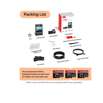 VIOFO A329S dash cam box contents packing list with cables and accessories
