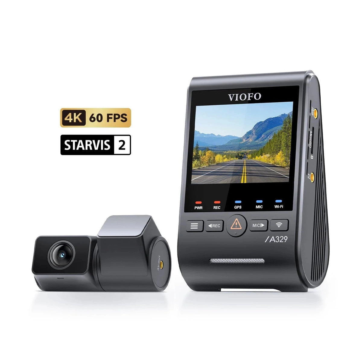 VIOFO A329S dash cam highlighting 4K 60fps Sony STARVIS 2 sensor features
