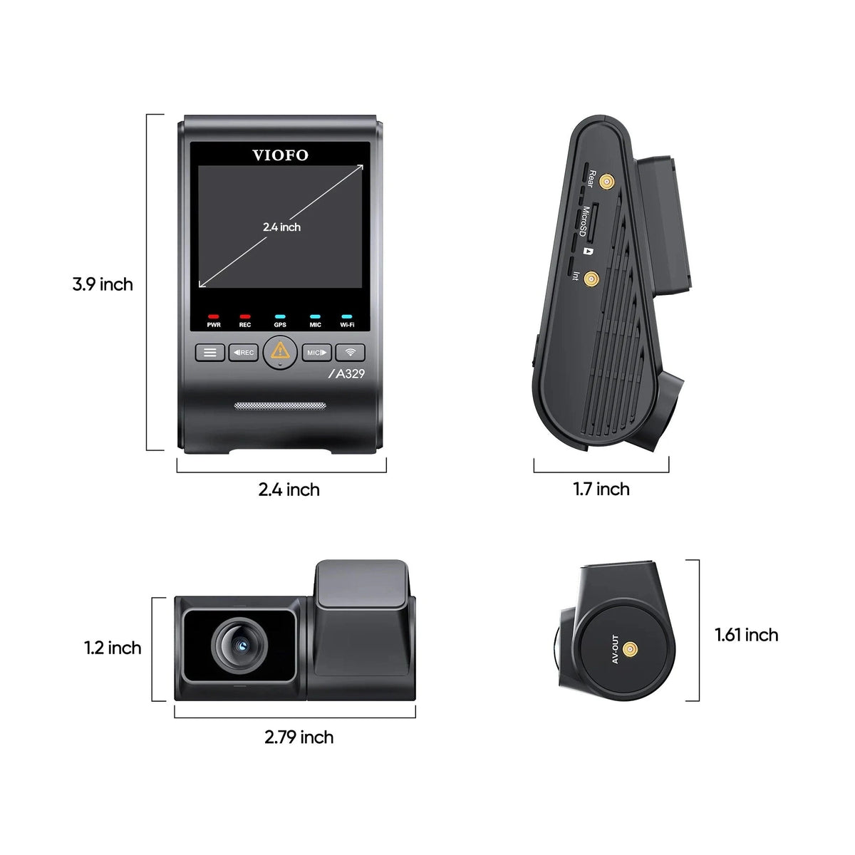 VIOFO A329 dash cam system technical dimensions diagram with ports and buttons