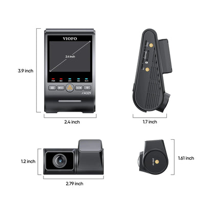 VIOFO A329 dash cam system technical dimensions diagram with ports and buttons