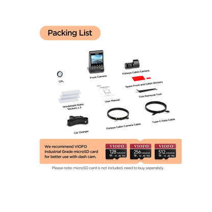 VIOFO A329S dash cam packing list with cables and accessories