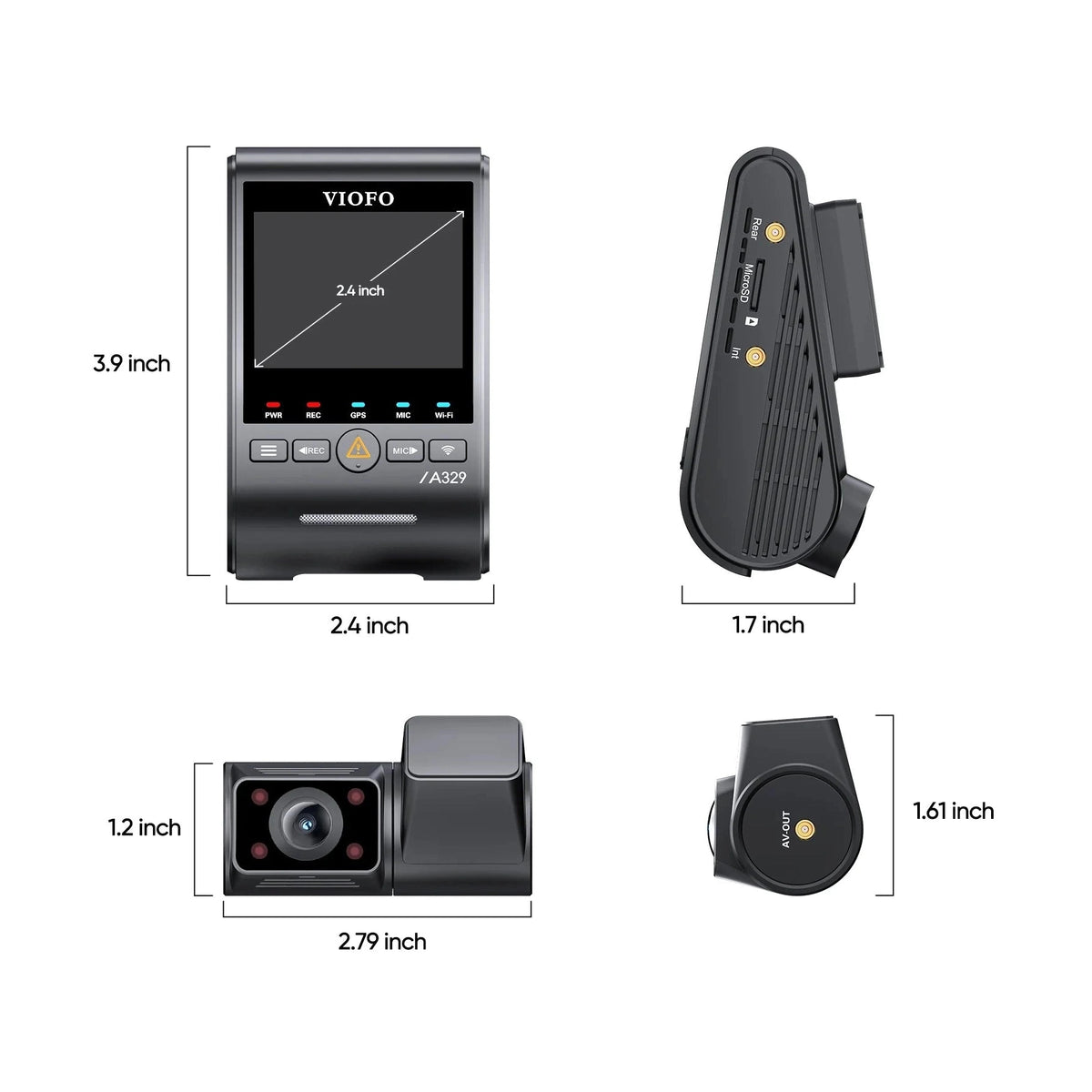 VIOFO A329S dash cam dimensions and rear view with IR LEDs