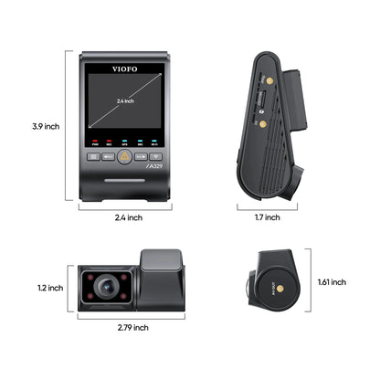VIOFO A329S dash cam dimensions and rear view with IR LEDs
