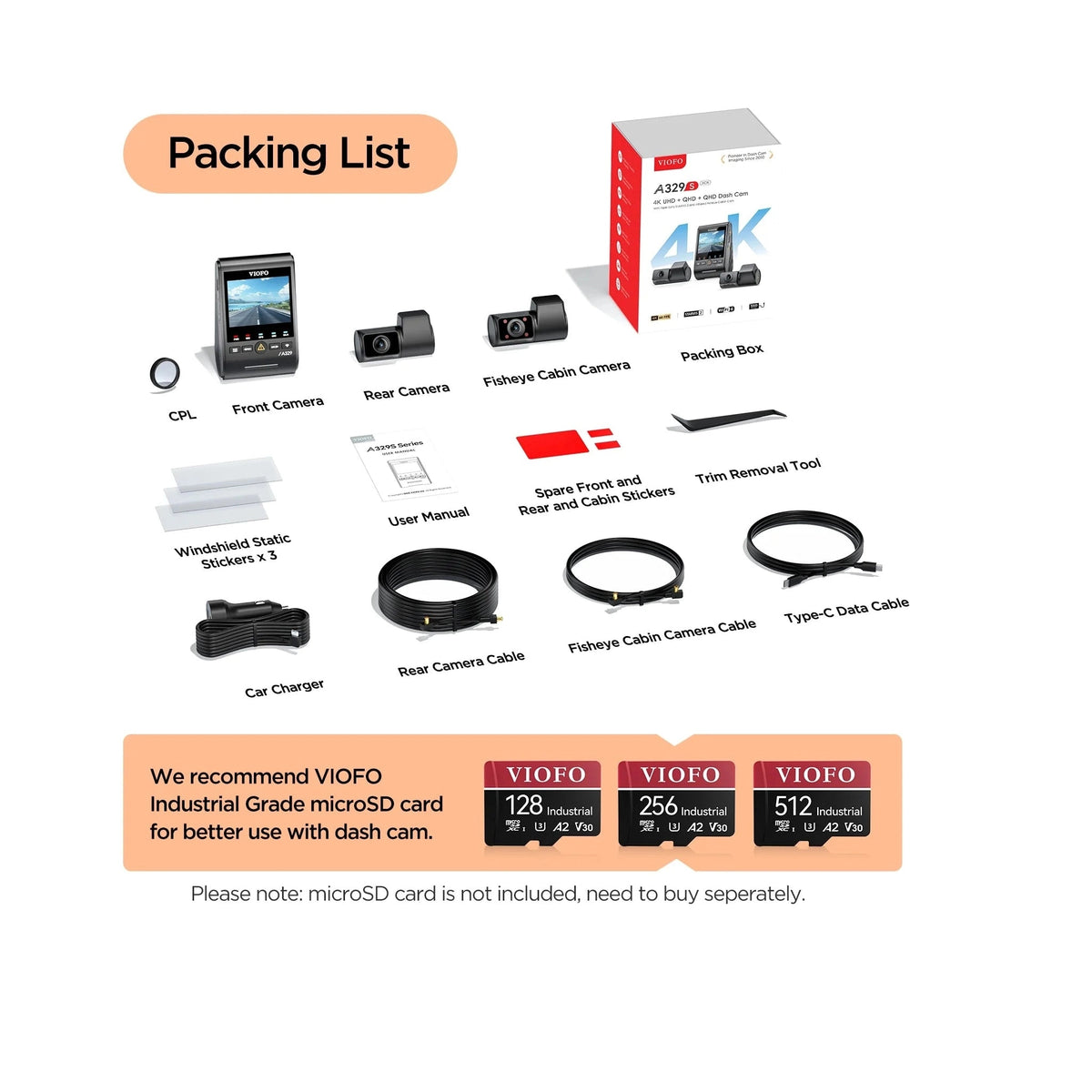 VIOFO A329S complete packing list including cameras cables and accessories
