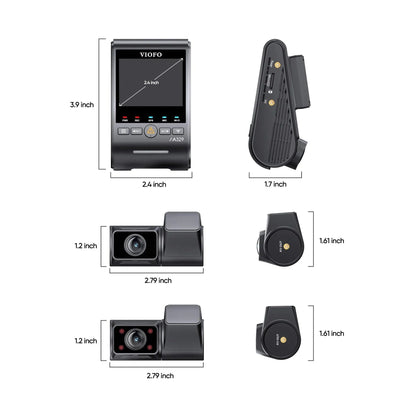 VIOFO A329S technical dimension diagram for main unit and cameras