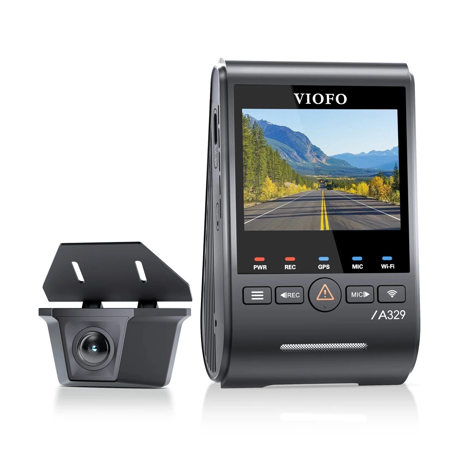 VIOFO A329SW dual lens dash cam with GPS Wi-Fi buttons and orange warning indicator