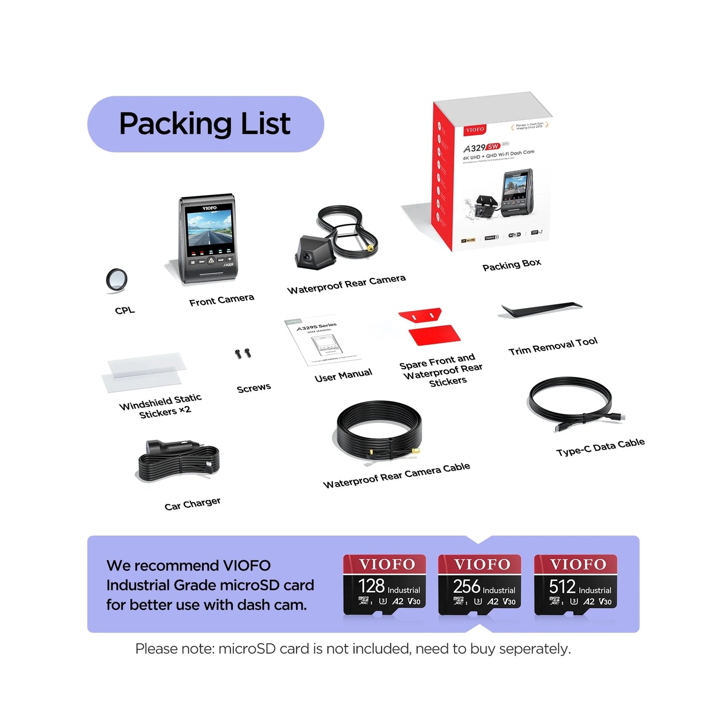 VIOFO A329SW complete kit contents including car charger cables and mounting accessories