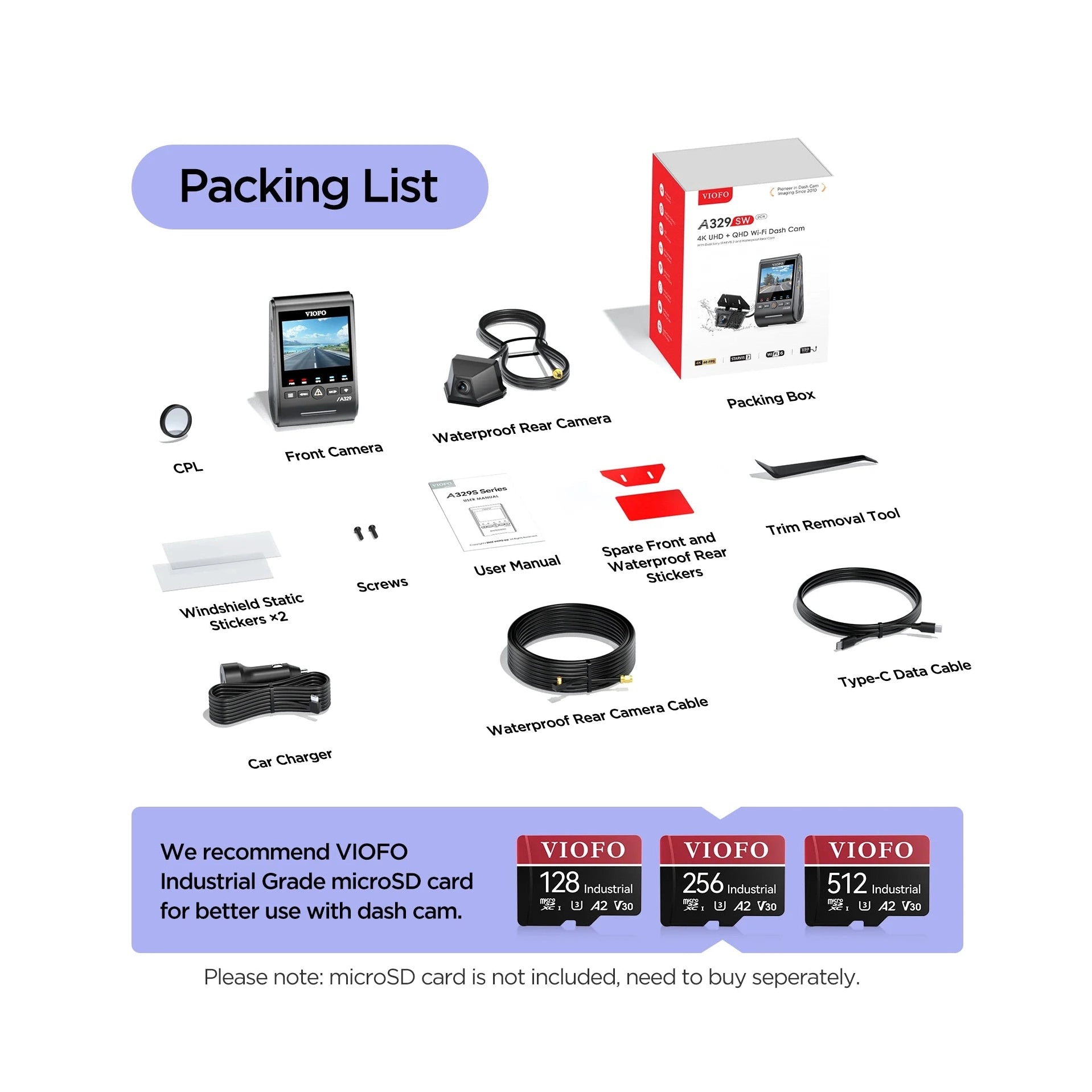 VIOFO A329SW complete kit contents including car charger cables and mounting accessories