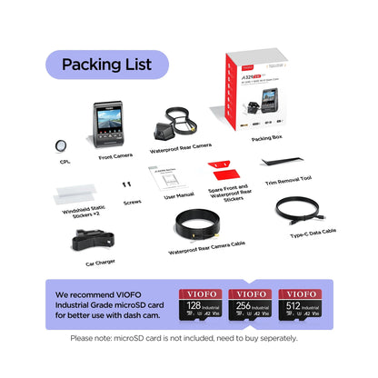 VIOFO A329SW complete kit contents including car charger cables and mounting accessories