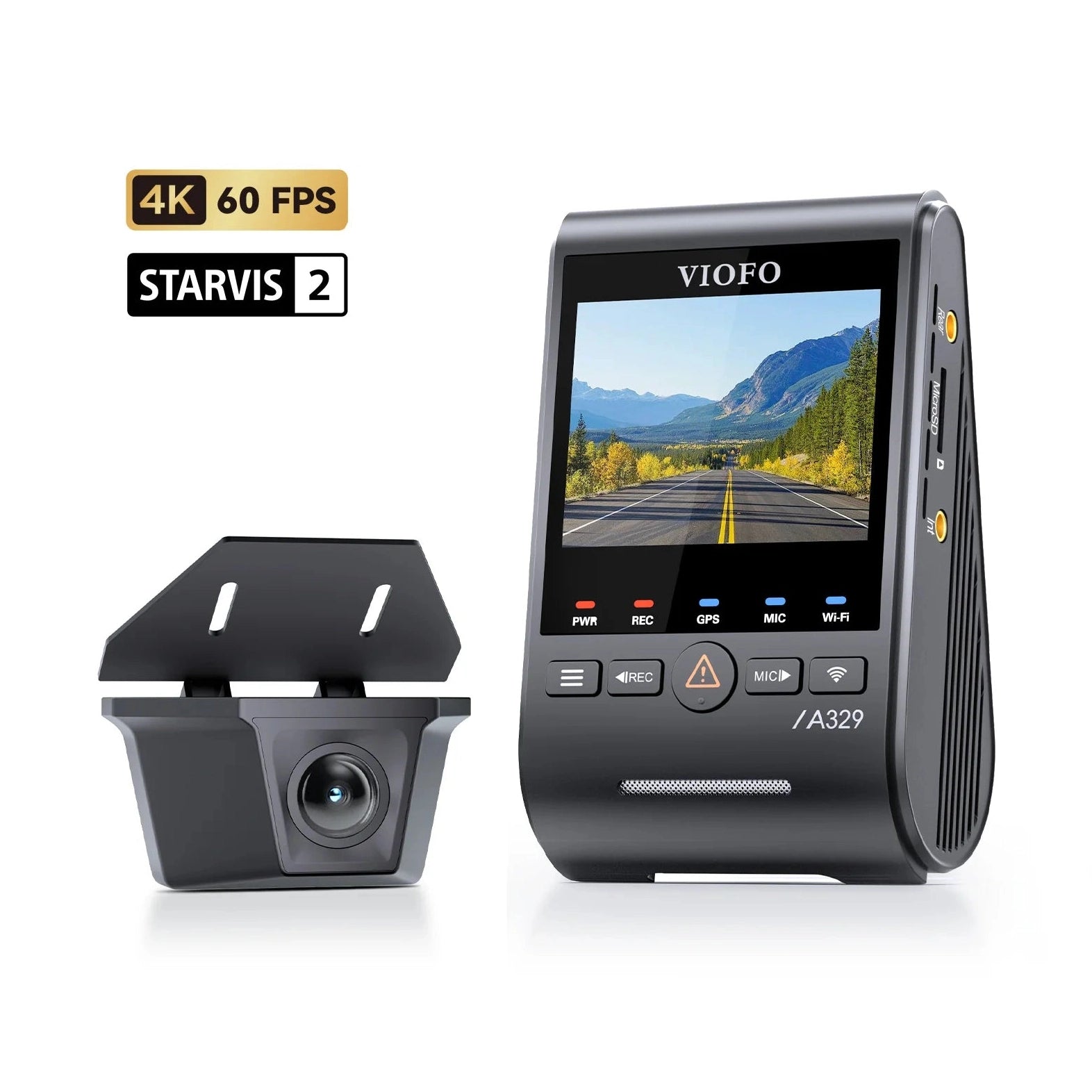 VIOFO A329SW 4K 60fps Sony STARVIS 2 dash cam side view showing ports and buttons